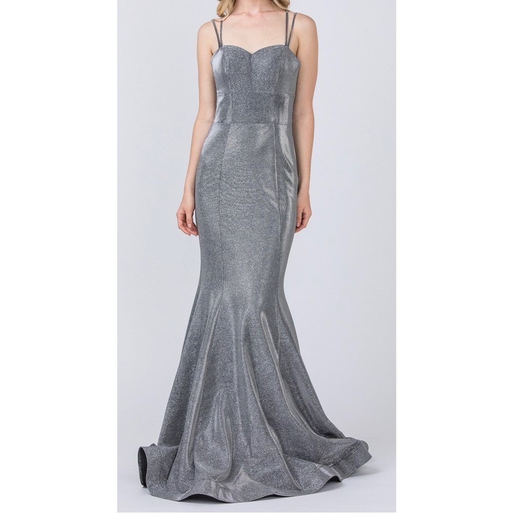 Keisha Metallic Long Formal Evening Gown Prom Gray Dress Size L